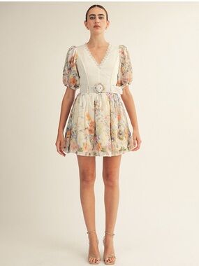 arose studio monroe floral garden print v-neck belted mini dress size small NEW